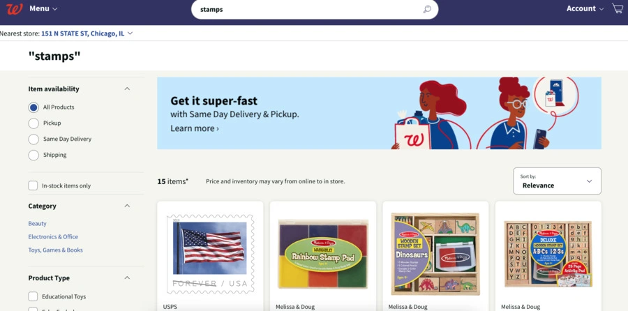 Screenshot of Walgreens Online Store with Postage Stamps