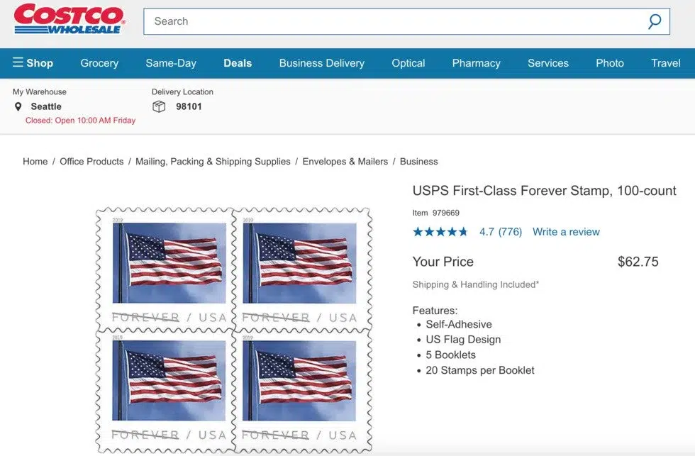 Screenshot of coctso website roll of stamp product page